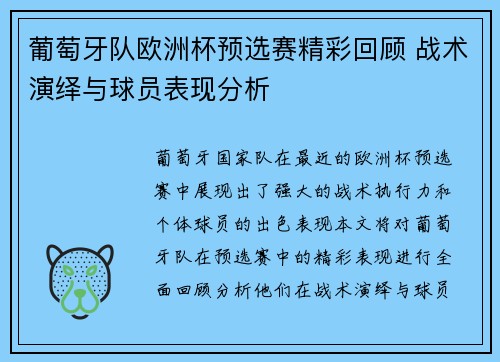 葡萄牙队欧洲杯预选赛精彩回顾 战术演绎与球员表现分析